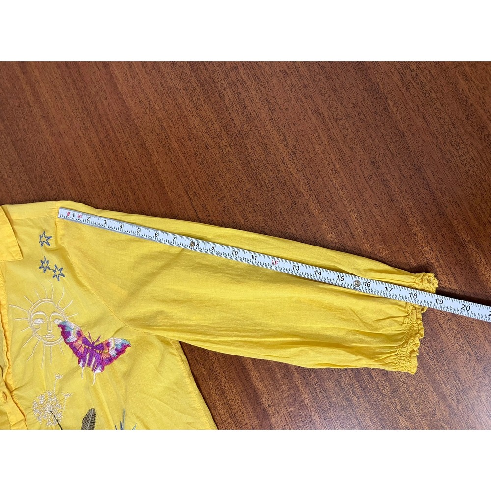 Johnny Was Workshop Yellow Cotton Embroidered Floral Sun Butterfly Shirt Small - Picture 10 of 16